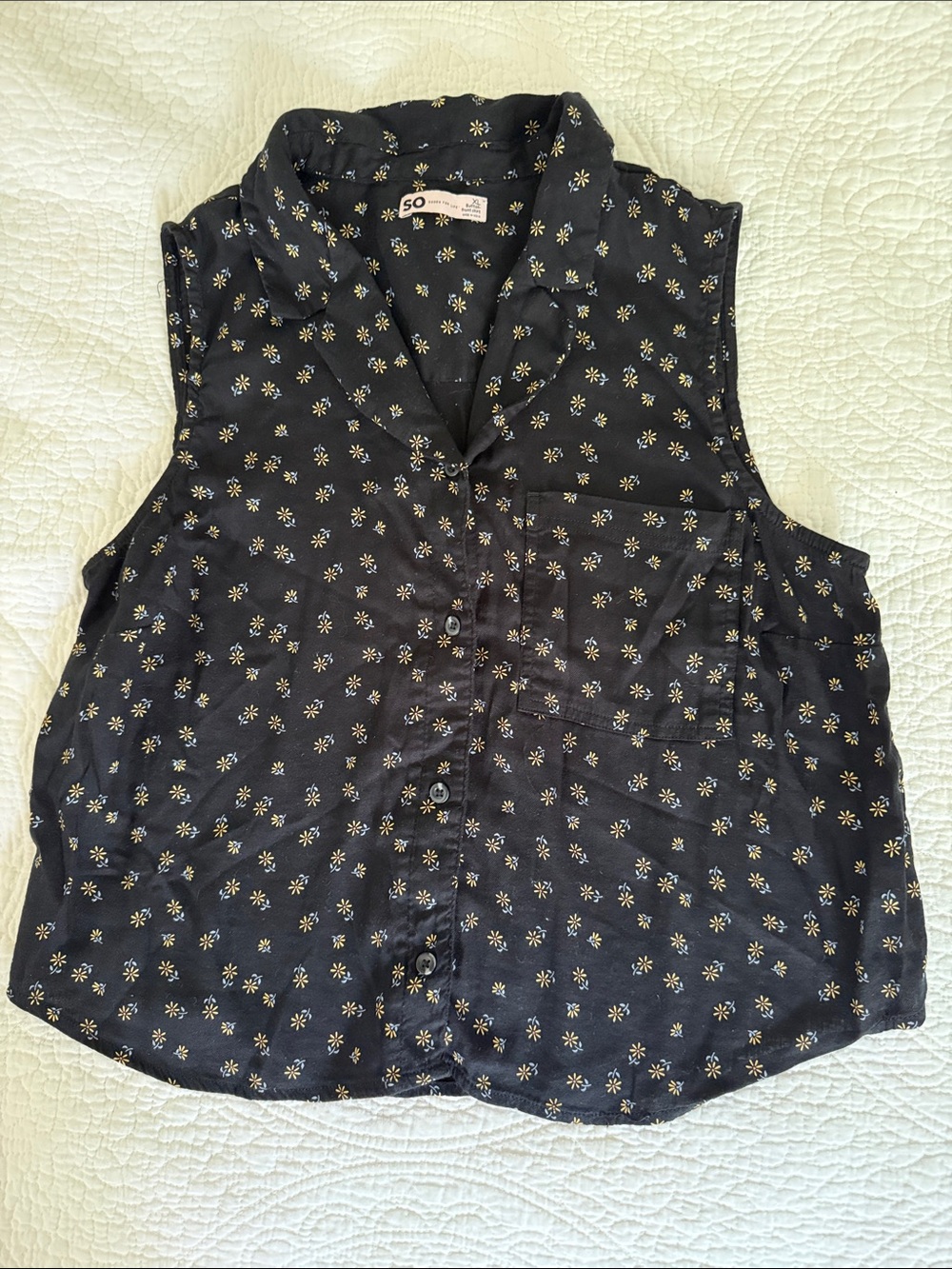 Sleeveless Black Floral Button-Up Blouse